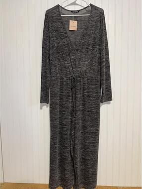 Gray Long Sleeve Knit Jumpsuit with Drawstring Waist